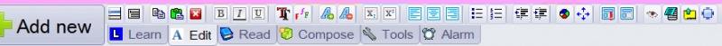 SuperMemo: The Format toolbar at the bottom of the element window. It hosts operations that you will need to edit HTML and rich text components (fonts, alignment, bullets, etc.) as well as some other editing options such as: copy element, paste element, editing and dragging modes, etc.
