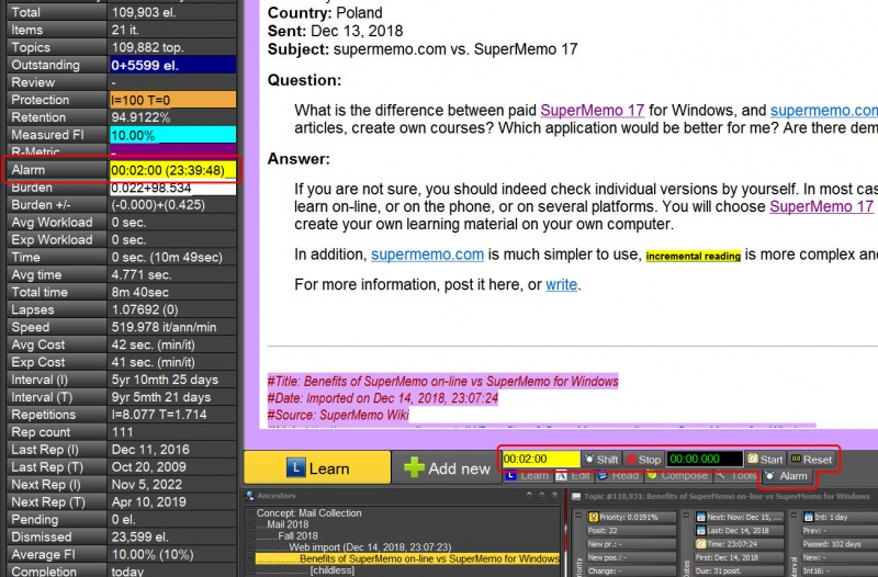 SuperMemo: Incremental e-mail processing interrupted by Alarm when the time allocated for the activity has been come to an end